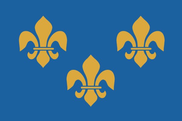 A blue flag with three yellow fleur-de-lis symbols arranged in a triangular formation, two at the top corners and one in the center below them.