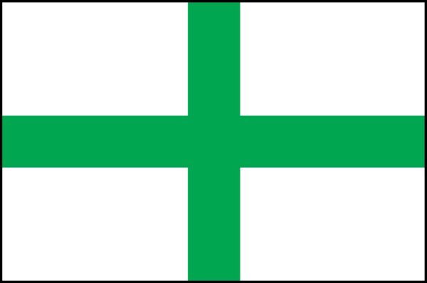A flag with a green cross on a white background. The cross extends to all four edges of the flag, dividing it into four equal rectangles.