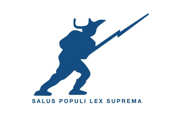 A blue silhouette of a person in a horned helmet holding a spear with a lightning bolt tip stands above the words SALUS POPULI LEX SUPREMA on a white background.