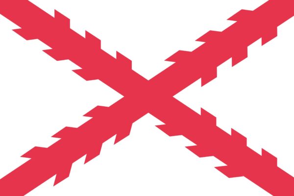 A red, jagged, diagonal cross (saltire) on a white background, resembling two intersecting serrated stripes forming an X shape.