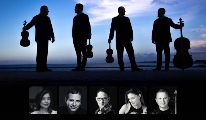 Four silhouetted musicians holding string instruments stand against a twilight sky. Below them are five black-and-white headshots of individuals, each looking toward the camera with neutral expressions.