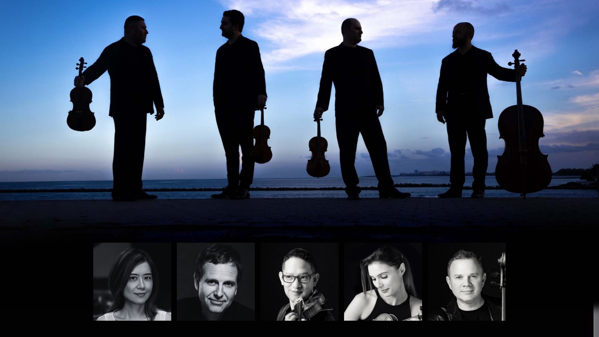 Four silhouetted musicians holding string instruments stand against a twilight sky. Below them are five black-and-white headshots of individuals, each looking toward the camera with neutral expressions.