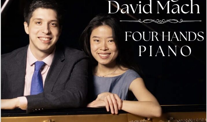 Two smiling musicians, a man in a suit and a woman in a blue dress, sit together at a Steinway piano. Text reads: Mimi Zhang & David Mach, FOUR HANDS PIANO. Story & Song Center for Arts & Culture.