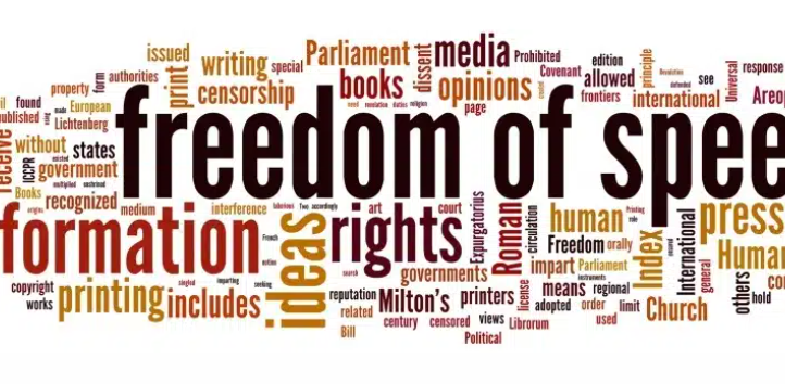 A colorful word cloud with freedom of speech in large, bold letters, surrounded by related terms like information, ideas, press, rights, media, opinions, and expression in various sizes and colors.