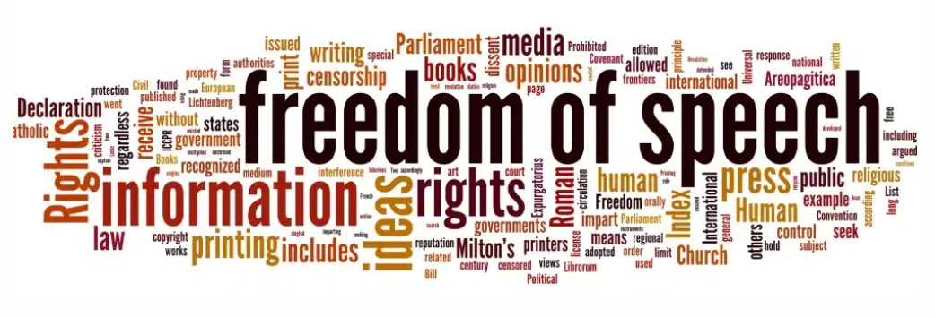 A colorful word cloud with freedom of speech in large, bold letters, surrounded by related terms like information, ideas, press, rights, media, opinions, and expression in various sizes and colors.