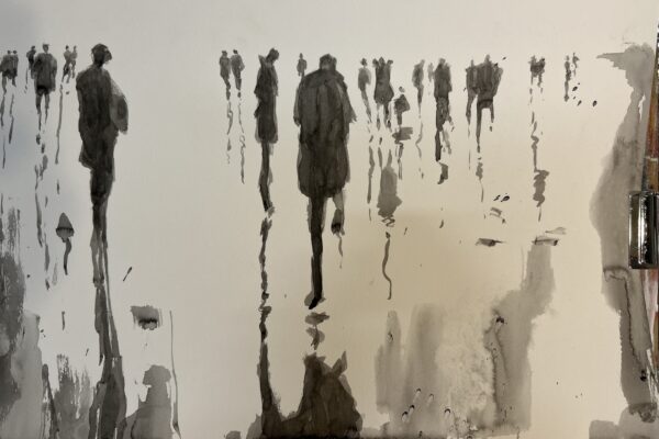 A watercolor painting depicts shadowy, faceless figures walking on a wet surface, their reflections stretching below them. The background is hazy and minimal, creating a sense of distance and anonymity.
