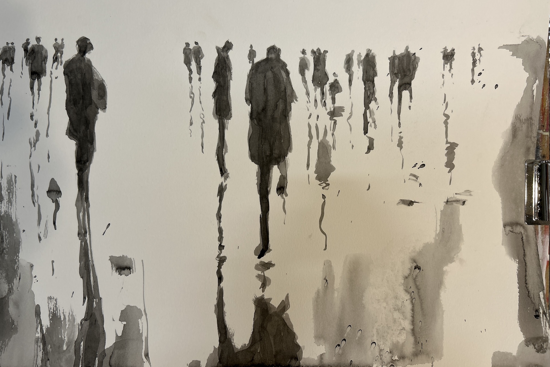 A watercolor painting depicts shadowy, faceless figures walking on a wet surface, their reflections stretching below them. The background is hazy and minimal, creating a sense of distance and anonymity.