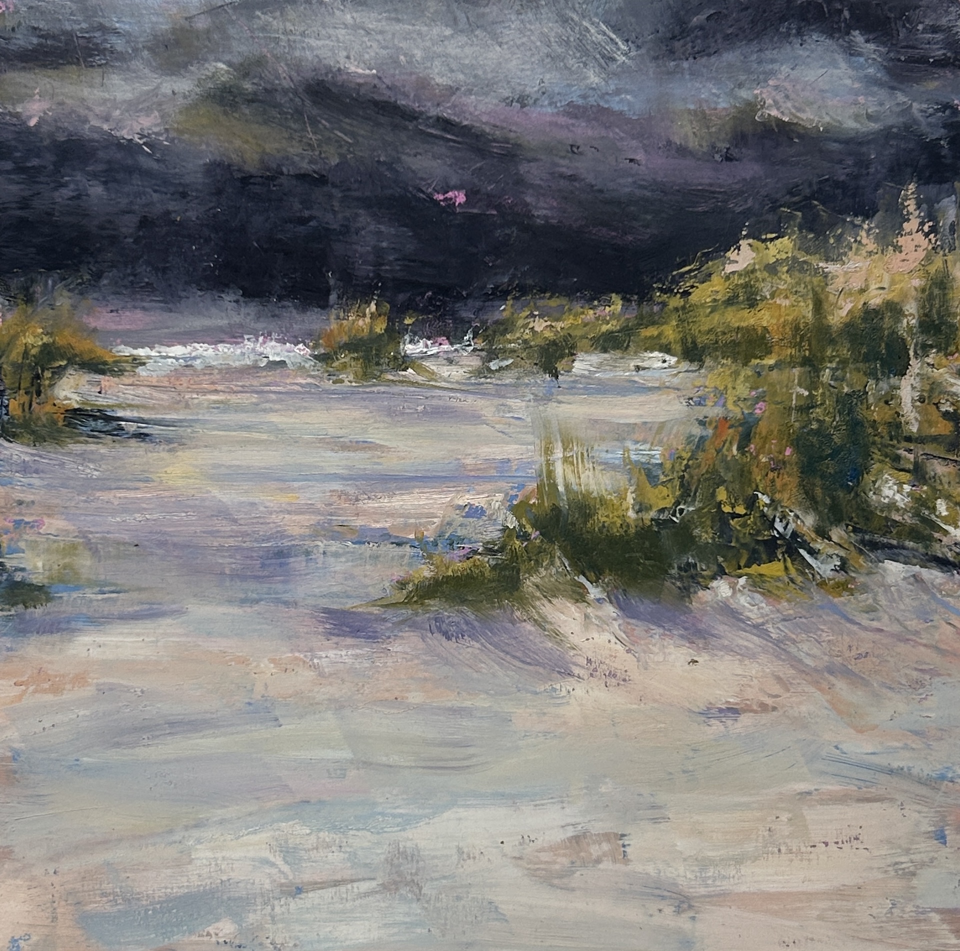 Impressionist painting of a landscape with a sandy path, green bushes, and dark, stormy clouds overhead. The scene uses loose brushstrokes and muted colors to suggest an approaching storm.