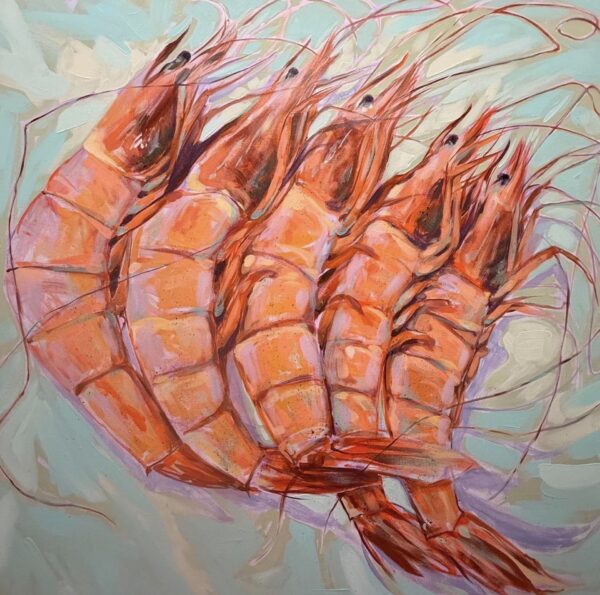 A colorful painting of five large orange shrimp arranged in a fan shape on a light blue and green abstract background. The shrimp are detailed, with prominent eyes, legs, and antennae.