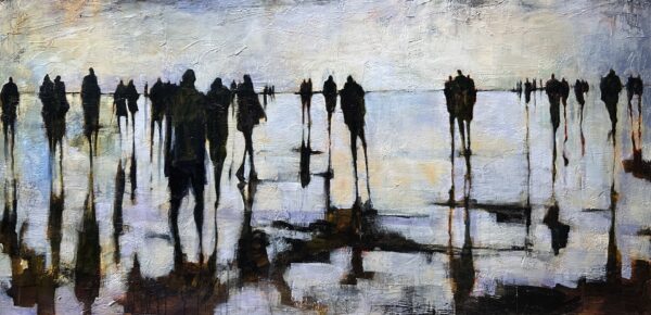 Abstract painting of silhouetted figures walking on a reflective surface, possibly wet sand or pavement, with long shadows and a soft, muted, pastel sky in the background.