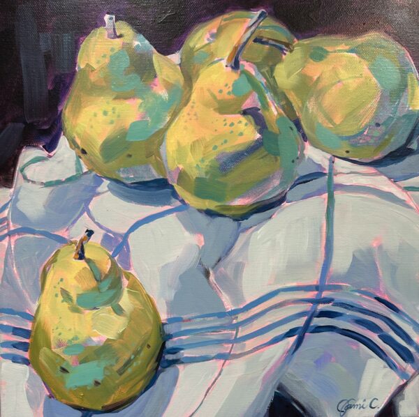 A colorful painting of five yellow-green pears with blue, green, and pink highlights resting on a white cloth with blue stripes. The background is dark, emphasizing the bright, abstract style of the pears.