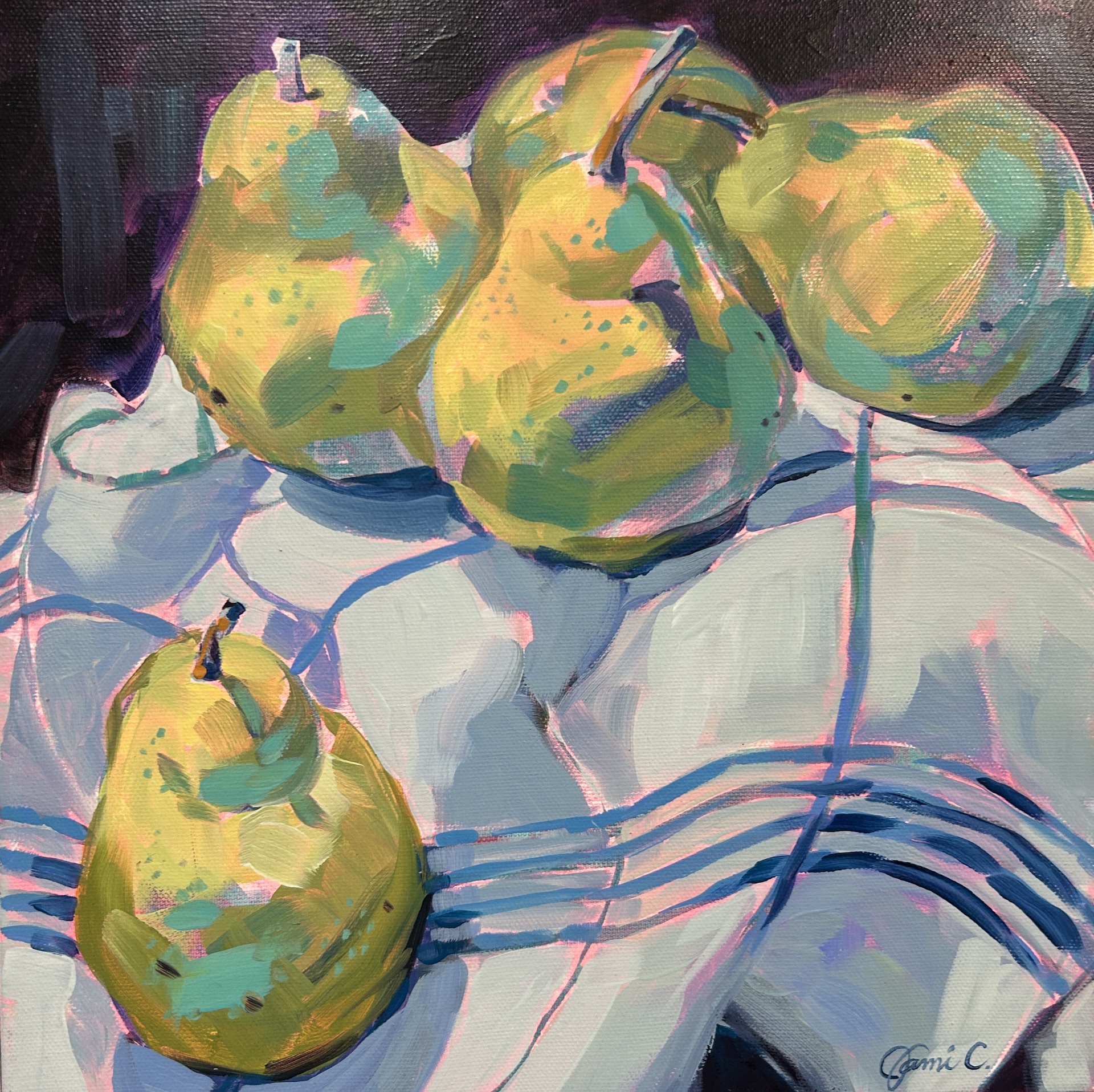 A colorful painting of five yellow-green pears with blue, green, and pink highlights resting on a white cloth with blue stripes. The background is dark, emphasizing the bright, abstract style of the pears.