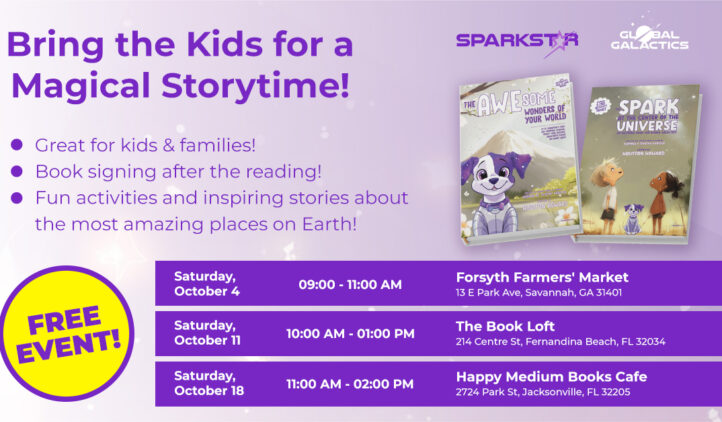 Promotional flyer for a kids storytime event with book readings. Details three dates and locations in Georgia and Florida, features cartoon book covers, and highlights that the event is free and includes fun activities and inspiring stories.