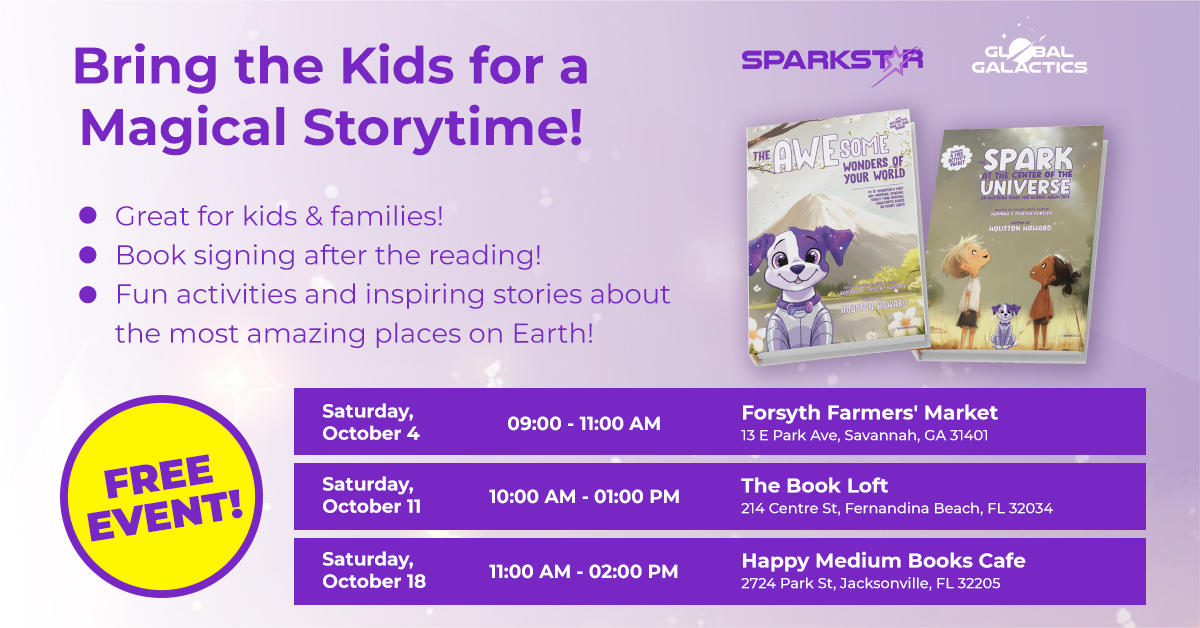 Promotional flyer for a kids storytime event with book readings. Details three dates and locations in Georgia and Florida, features cartoon book covers, and highlights that the event is free and includes fun activities and inspiring stories.