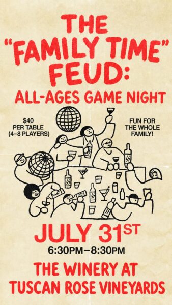 Event poster with cartoon people raising glasses and playing games at a table. Text reads: The Family Time Feud: All-Ages Game Night, July 31st, 6:30pm–8:30pm, The Winery at Tuscan Rose Vineyards. $40 per table. Fun for the whole family!.