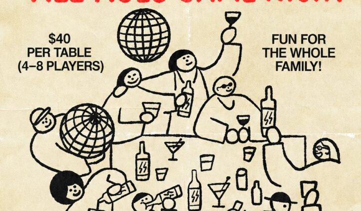 Event poster with cartoon people raising glasses and playing games at a table. Text reads: The Family Time Feud: All-Ages Game Night, July 31st, 6:30pm–8:30pm, The Winery at Tuscan Rose Vineyards. $40 per table. Fun for the whole family!.