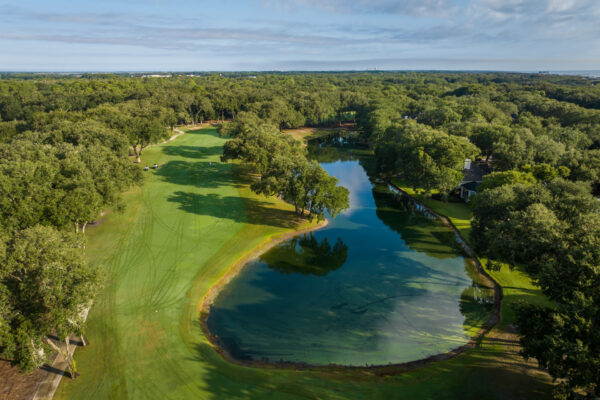 Aerial view of a golf course with a green fairway winding around a large, reflective pond, surrounded by dense trees under a partly cloudy sky.