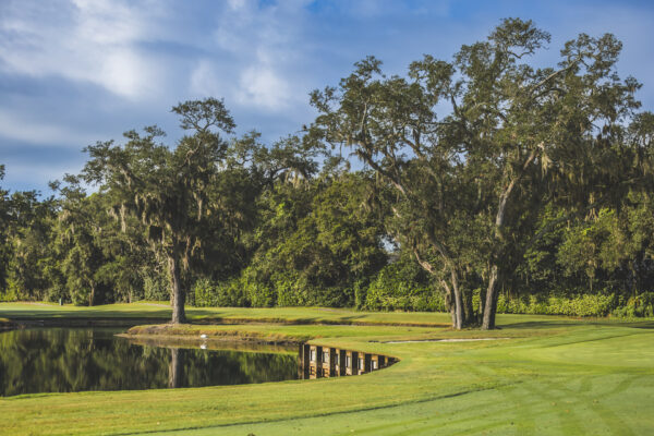 A golf course featuring lush green fairways, large trees draped with Spanish moss, a reflective pond, and a wooden bridge under a partly cloudy sky.