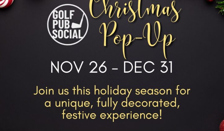 Festive Christmas pop-up event invitation with red ornaments, candy canes, and pine branches on a dark background. Text: Golf Pub Social Christmas Pop-Up, Nov 26–Dec 31. Invitation to join for a unique, festive experience.
