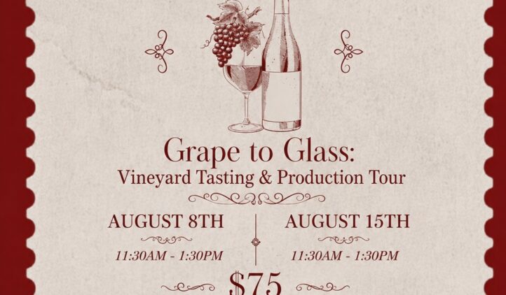 Vintage-style flyer for The Winery at Tuscan Rose Vineyards. It advertises Grape to Glass vineyard tours on August 8th and 15th, $75, featuring tastings, presentations, and wine with charcuterie. Decorative red accents.