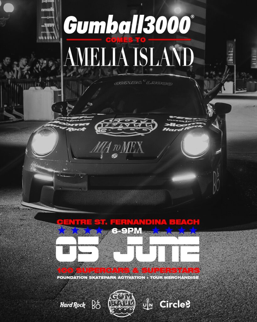 A black Porsche sports car at night with Gumball 3000 branding. Event details text reads: Amelia Island, Centre St. Fernandina Beach, 9 June, 6-9PM, 100 supercars & superstars. Sponsors logos shown at the bottom.