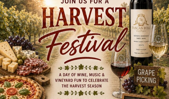 A promotional poster for the Tuscan Rose Vineyards Harvest Festival on August 29, 2026, featuring wine, cheese, grapes, a wine bottle, and event details like grape stomping, wine tasting, live music, and kids’ activities.