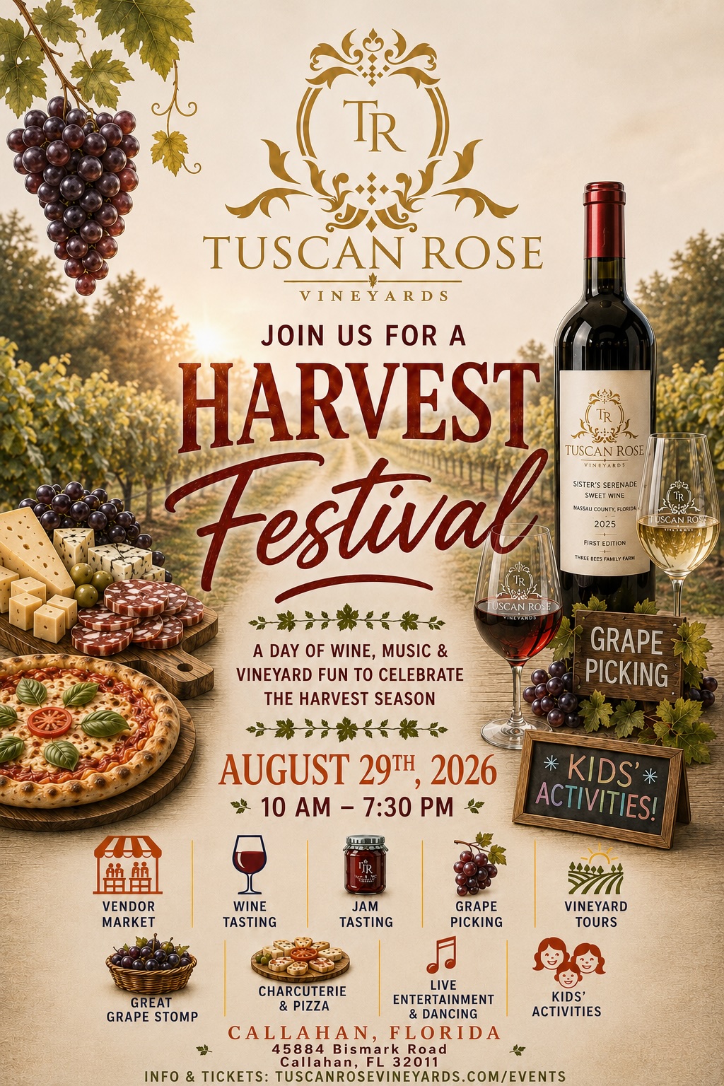 A promotional poster for the Tuscan Rose Vineyards Harvest Festival on August 29, 2026, featuring wine, cheese, grapes, a wine bottle, and event details like grape stomping, wine tasting, live music, and kids’ activities.