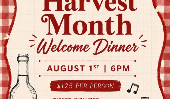 Event poster with a red checkered border advertising Harvest Month Welcome Dinner at The Winery at Tuscan Rose Vineyards, featuring wine glasses, a wine bottle, and event details for August 1st at 6 PM with dinner, drinks, and live music.