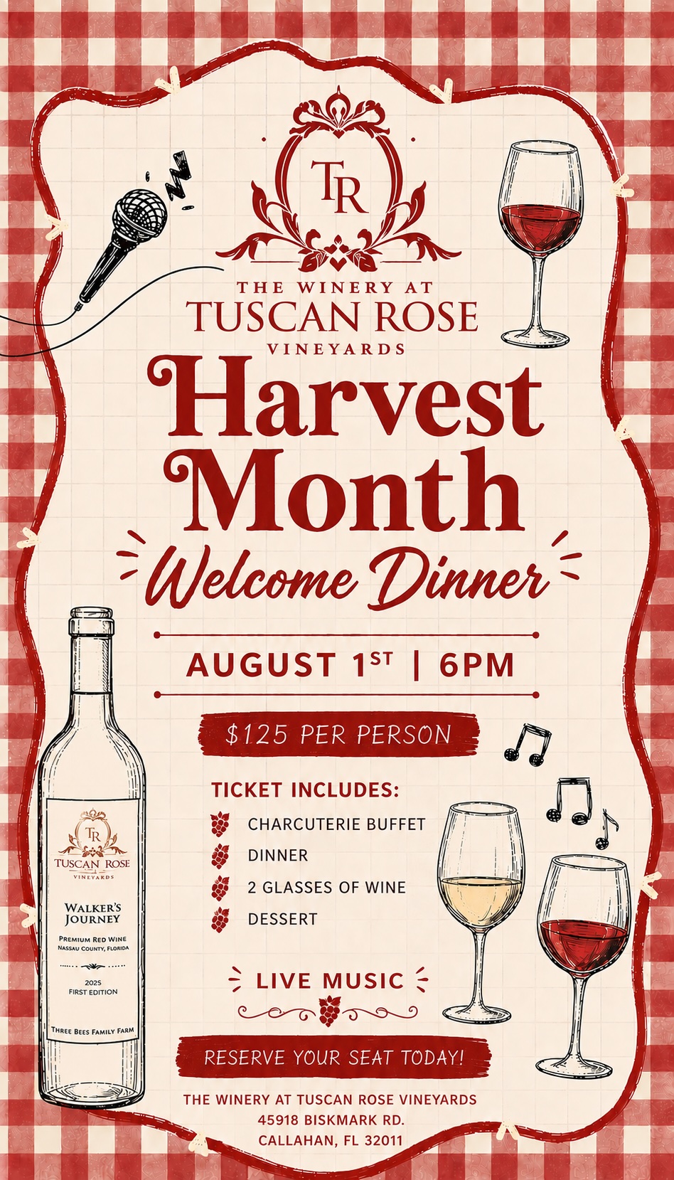 Event poster with a red checkered border advertising Harvest Month Welcome Dinner at The Winery at Tuscan Rose Vineyards, featuring wine glasses, a wine bottle, and event details for August 1st at 6 PM with dinner, drinks, and live music.