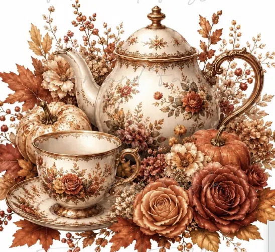 Vintage floral teapot and teacup surrounded by orange pumpkins, fall leaves, and blooming roses in warm autumn colors.