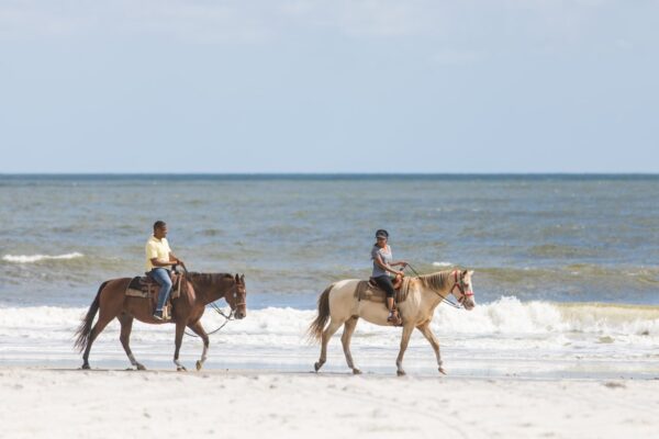 couple riding horses on beach