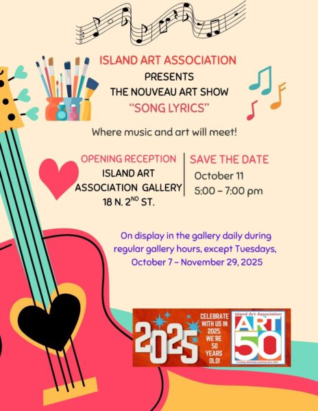 Colorful flyer for the Island Art Associations art show Song Lyrics, featuring a pink guitar, musical notes, and event details. Gallery display runs October 7–November 29, 2025, opening reception October 11.