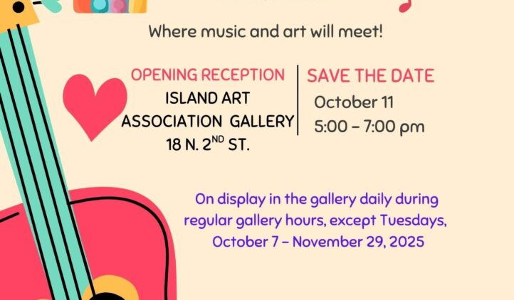 Colorful flyer for the Island Art Associations art show Song Lyrics, featuring a pink guitar, musical notes, and event details. Gallery display runs October 7–November 29, 2025, opening reception October 11.