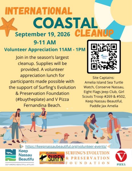 A colorful flyer for International Coastal Cleanup on September 19, 2026, with beach graphics, volunteer info, sponsor logos, and site captain details. Features QR code and event times.