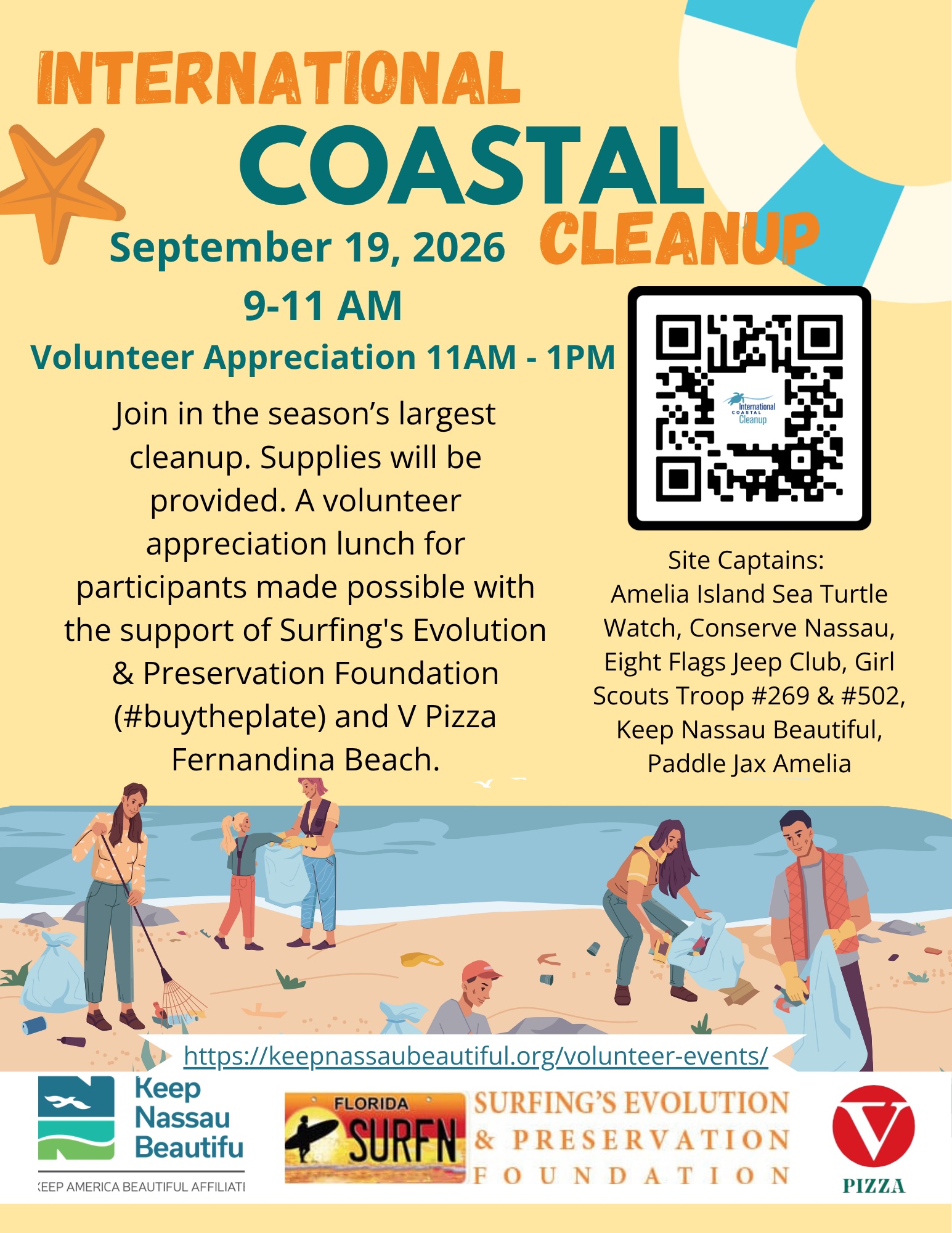 A colorful flyer for International Coastal Cleanup on September 19, 2026, with beach graphics, volunteer info, sponsor logos, and site captain details. Features QR code and event times.