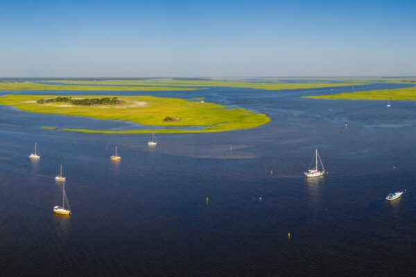 Aerial view of sailboats anchored in calm blue water near a green, grassy island under a clear blue sky.