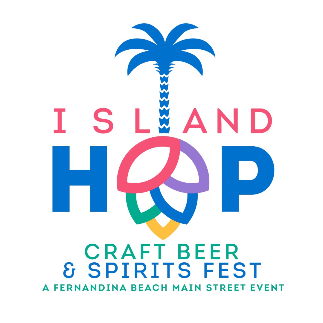 Logo for Island Hop Craft Beer & Spirits Fest featuring colorful overlapping leaves forming the letter O in HOP and a palm tree. Text below notes its a Fernandina Beach Main Street event.