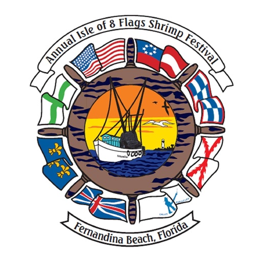 Logo for the Annual Isle of 8 Flags Shrimp Festival in Fernandina Beach, Florida, featuring a shrimp boat at sunset inside a ship’s wheel, surrounded by eight different flags.