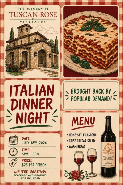 Italian Dinner Night event flyer with illustrations of an Italian villa, a layered lasagna, and a wine bottle with a glass. Event details, menu, and date (July 18th, 2026) are displayed on a red-checkered background.