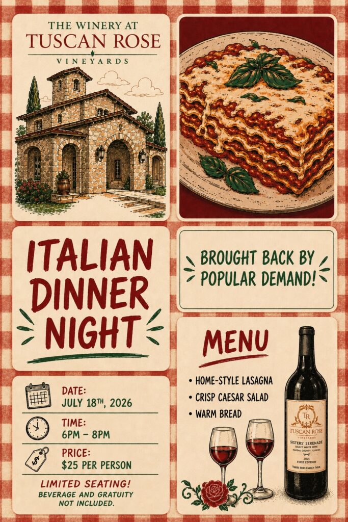 Italian Dinner Night event flyer with illustrations of an Italian villa, a layered lasagna, and a wine bottle with a glass. Event details, menu, and date (July 18th, 2026) are displayed on a red-checkered background.
