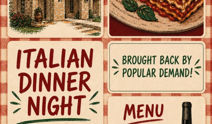 Italian Dinner Night event flyer with illustrations of an Italian villa, a layered lasagna, and a wine bottle with a glass. Event details, menu, and date (July 18th, 2026) are displayed on a red-checkered background.