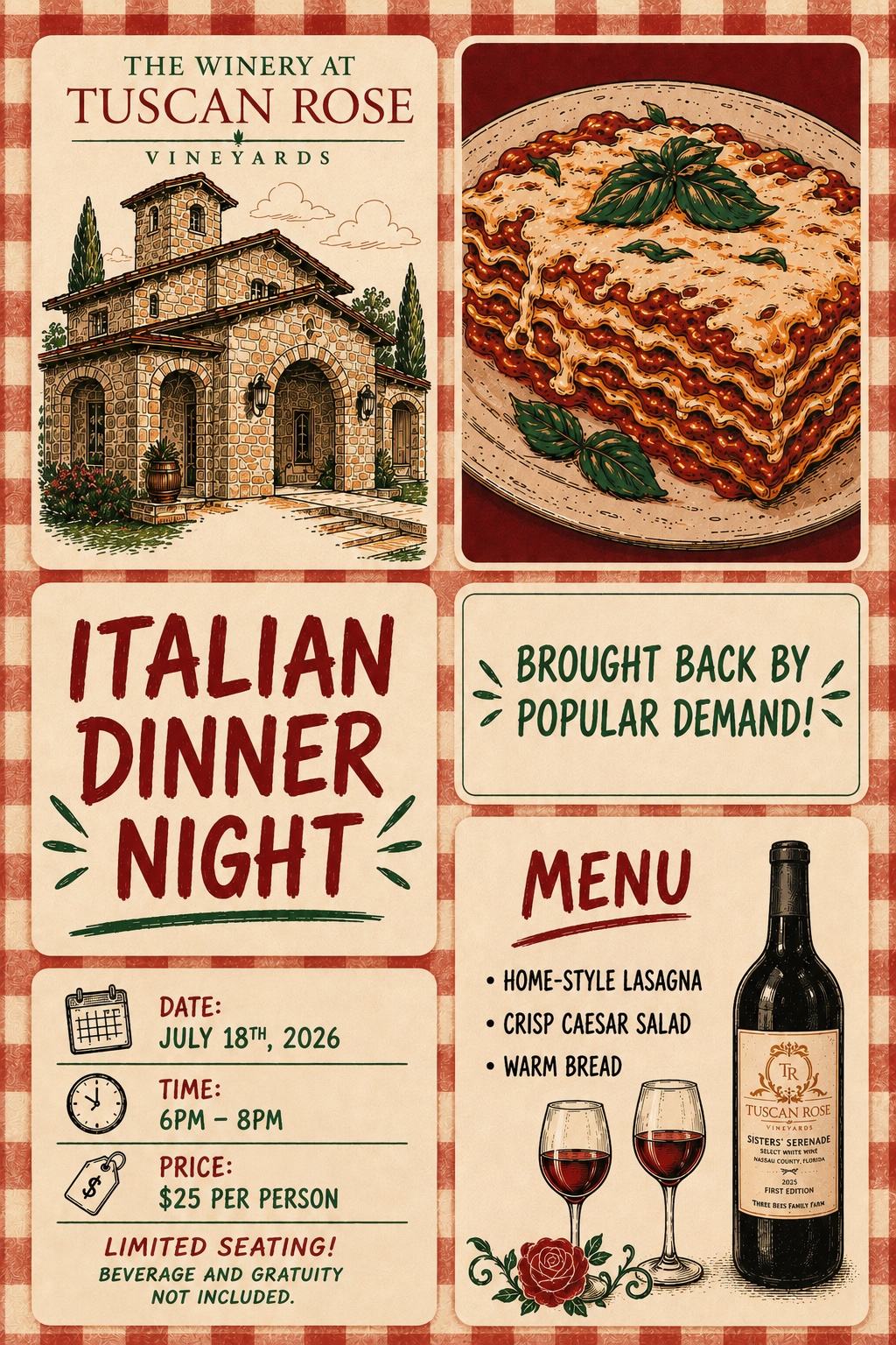 Italian Dinner Night event flyer with illustrations of an Italian villa, a layered lasagna, and a wine bottle with a glass. Event details, menu, and date (July 18th, 2026) are displayed on a red-checkered background.