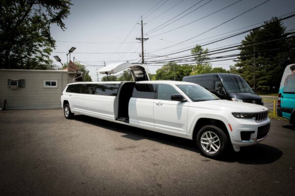 A long white stretch limousine SUV is parked outside with its gull-wing door open; other vans, power lines, and trees are visible in the background.