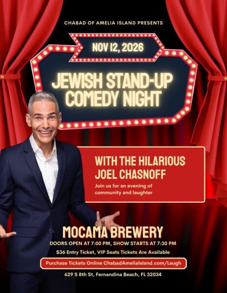 Event poster for Jewish Stand-Up Comedy Night with Joel Chasnoff at Mocama Brewery on November 12, 2026, at 7:30 PM, with ticket purchase information at ChabadAmeliaisland.com/Laugh.