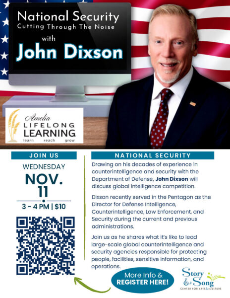 Event flyer for a National Security lecture with John Dixson on November 11 from 3–4 PM, featuring a QR code for registration and a description of Dixsons background in defense intelligence.