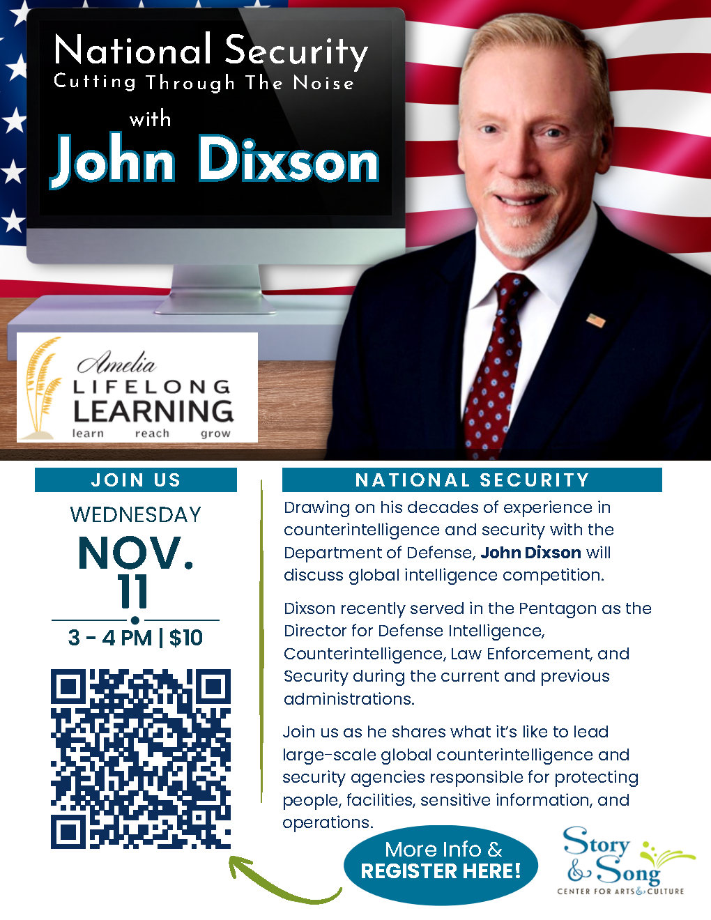 Event flyer for a National Security lecture with John Dixson on November 11 from 3–4 PM, featuring a QR code for registration and a description of Dixsons background in defense intelligence.