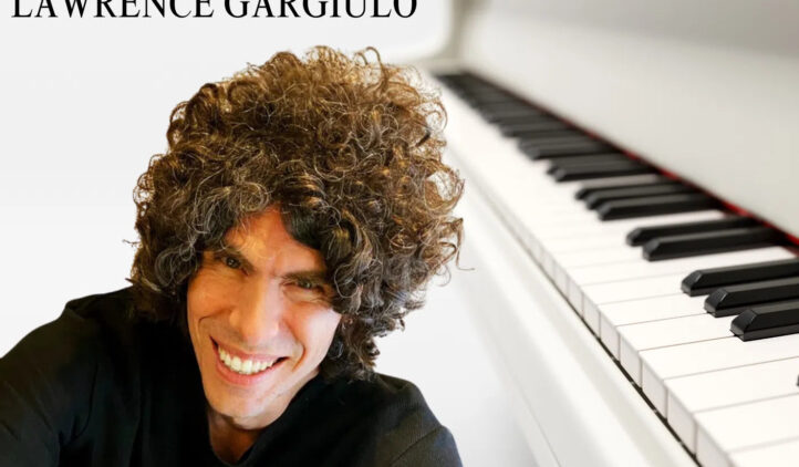 A smiling man with curly hair sits next to a white piano keyboard. The text reads Julian Lawrence Gargiulo. The logo at the bottom right says Story & Song Center for Arts & Culture.