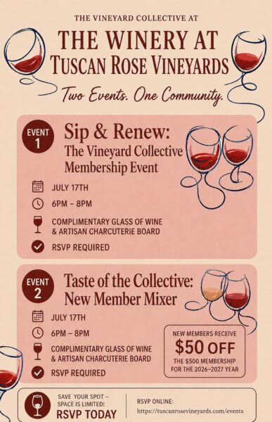 Event flyer for Tuscan Rose Vineyards, featuring two events with wine glass illustrations. Details include dates, times, RSVP info, and a new member offer. RSVP link: https://tuscanrosevineyards.com/events.