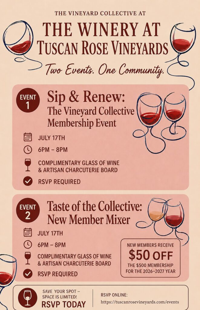 Event flyer for Tuscan Rose Vineyards, featuring two events with wine glass illustrations. Details include dates, times, RSVP info, and a new member offer. RSVP link: https://tuscanrosevineyards.com/events.