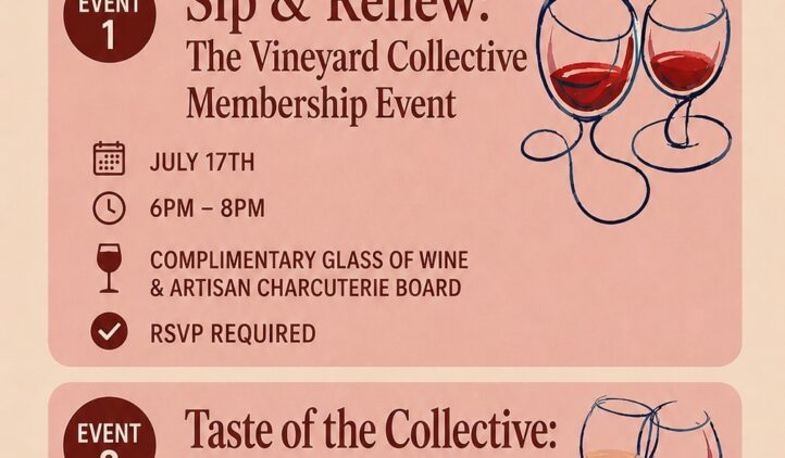 Event flyer for Tuscan Rose Vineyards, featuring two events with wine glass illustrations. Details include dates, times, RSVP info, and a new member offer. RSVP link: https://tuscanrosevineyards.com/events.